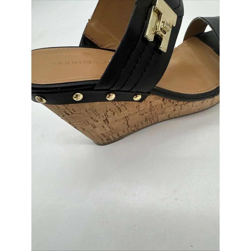 Tommy Hilfiger Cork Wedge Sandals Twmadasen Black Size 7.5